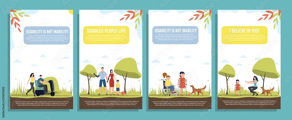 Disabled People Happy Life, Positive Mindset, Family Support Trendy Flat Vector Vertical Banners, Posters Template Set. Disabled Adults and Children Resting with Family and Friend in Park Illustration