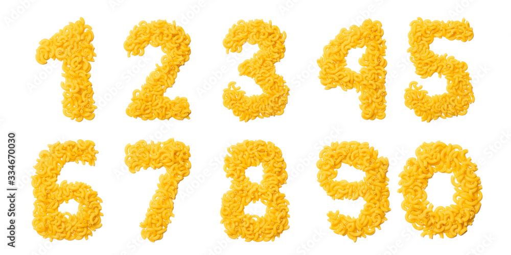 Arabic numerals from dry pasta on a white isolated background. Food pattern made from macaroni tubes. Bright alphabet for shops. Arabic numerals from dry pasta on a white isolated background. Food pattern made from macaroni tubes. Bright alphabet for shops.