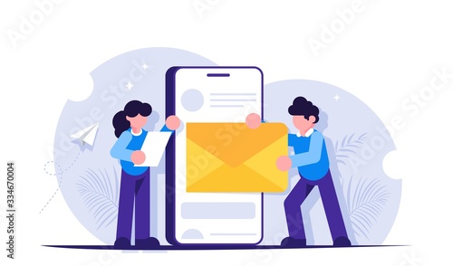 Email marketing concept. People send or receive a letter using a mobile phone. Business correspondence or promotional messages. Modern flat vector illustration.