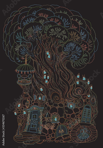 Dogs in protective medical masks in quarantine isolation period. Hand drawn fairy tale forest house in a fantasy old tree. Coronavirus COVID-19, flu epidemic, infectious diseases concept, book cover