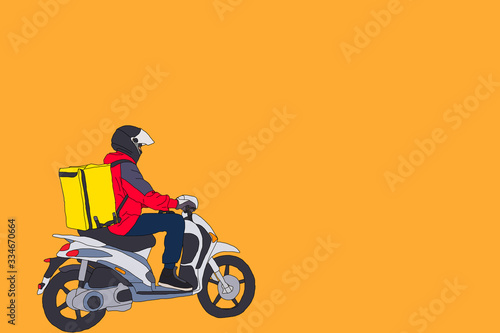 modern creative delivery concept illustration featuring delivery man rinding orange shipping scooter  isolated   Male character in helmet riding orange moped