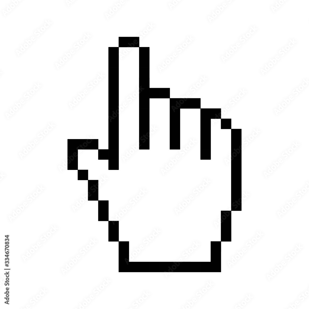 Vector high quality pixel art representation of the computer mouse hand shaped pointer icon isolated on white background