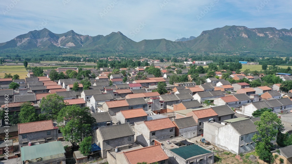 Aerial view of Chinese rural house roofs, beautiful rural scenery