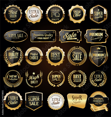 Collection of golden badges and labels retro style