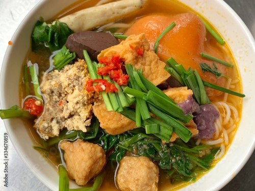 Vietnam traditional street food bun rieu cua crab rice noodle soup bowl