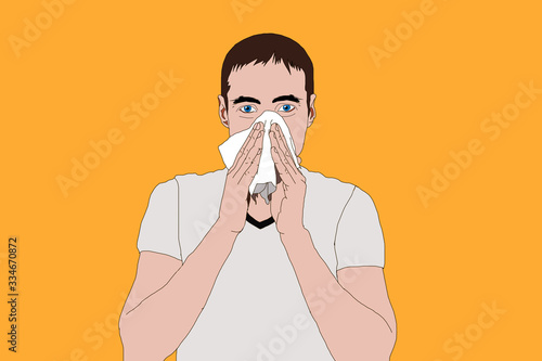 Sick man. Unhappy character. cartoon illustration. Man with handkerchief in hand. Season allergy