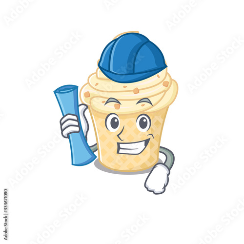 Cartoon character of vanilla ice cream brainy Architect with blue prints and blue helmet