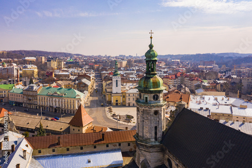 Aerial view on Bernardine church in Lviv from drone