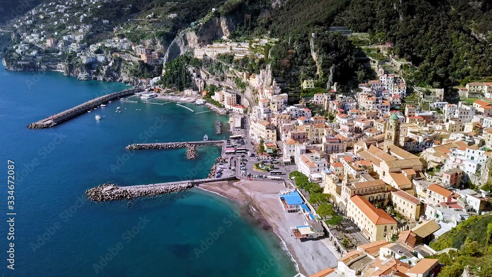 Aerial view of coastline of Amalfi; beautiful seaside city