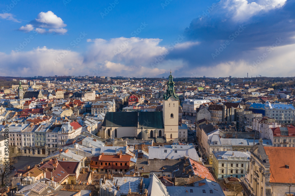 iew on Latin Cathedral in Lviv, Ukraine  from drone