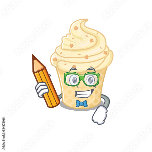 A brainy student vanilla ice cream cartoon character with pencil and glasses
