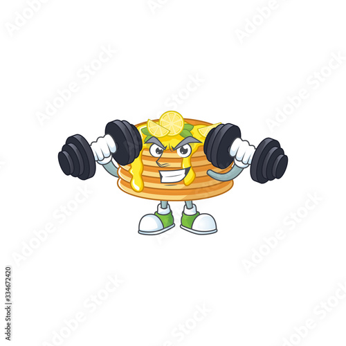 Fitness exercise lemon cream pancake cartoon character using barbells
