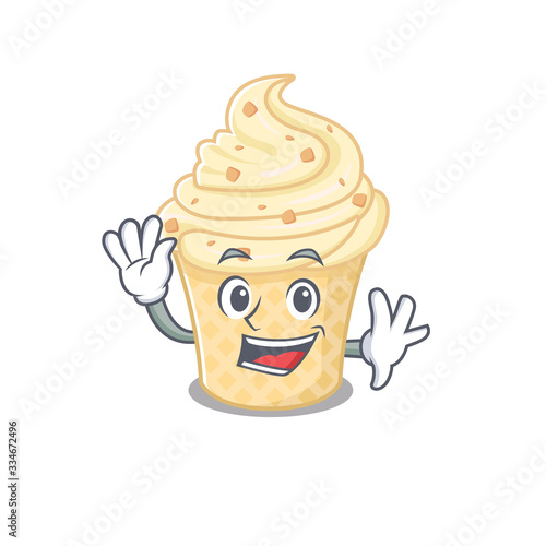A charismatic vanilla ice cream mascot design style smiling and waving hand