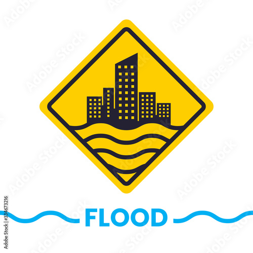 Flood in city sign. Building in water. Vector Illustration.