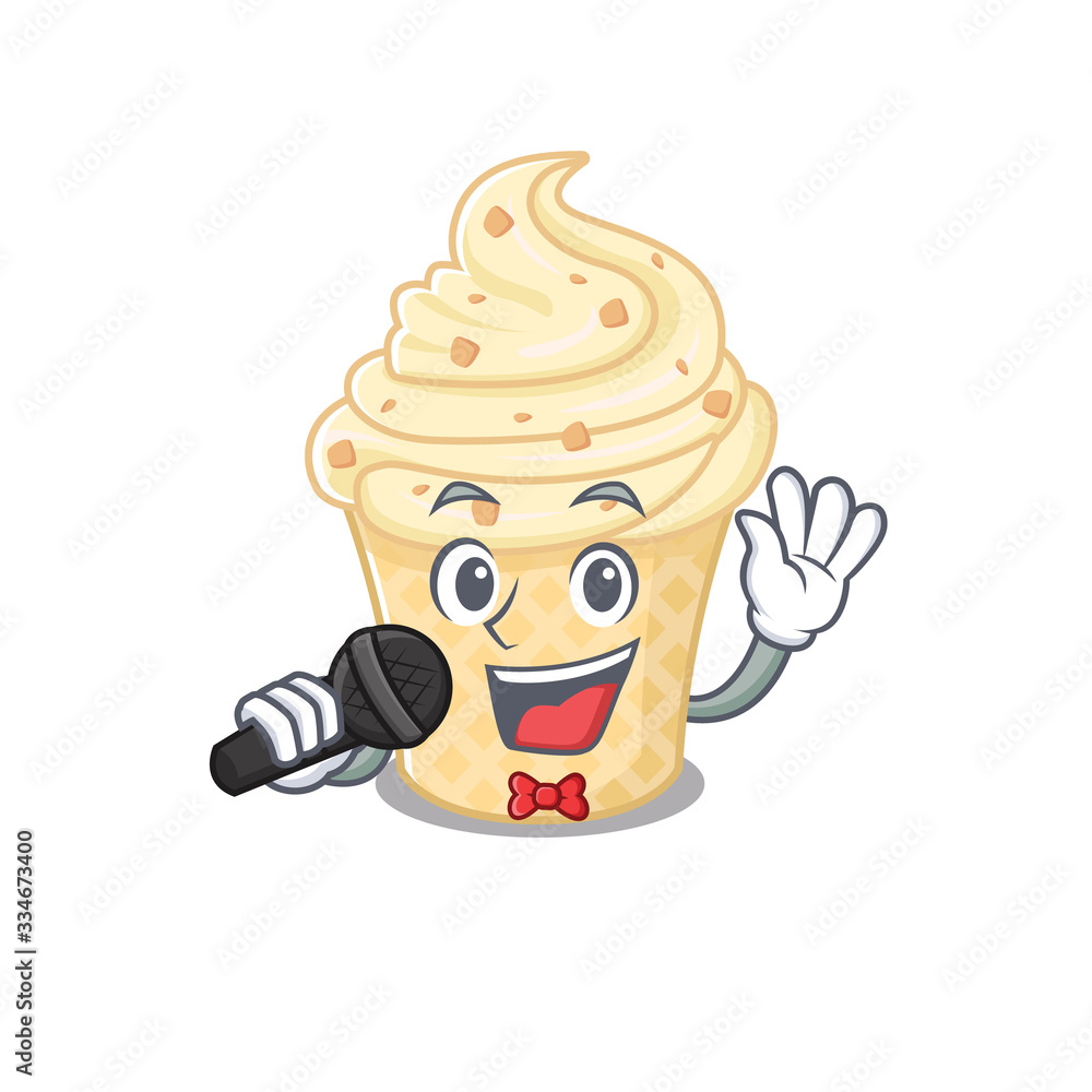Talented singer of vanilla ice cream cartoon character holding a microphone Talented singer of vanilla ice cream cartoon character holding a microphone
