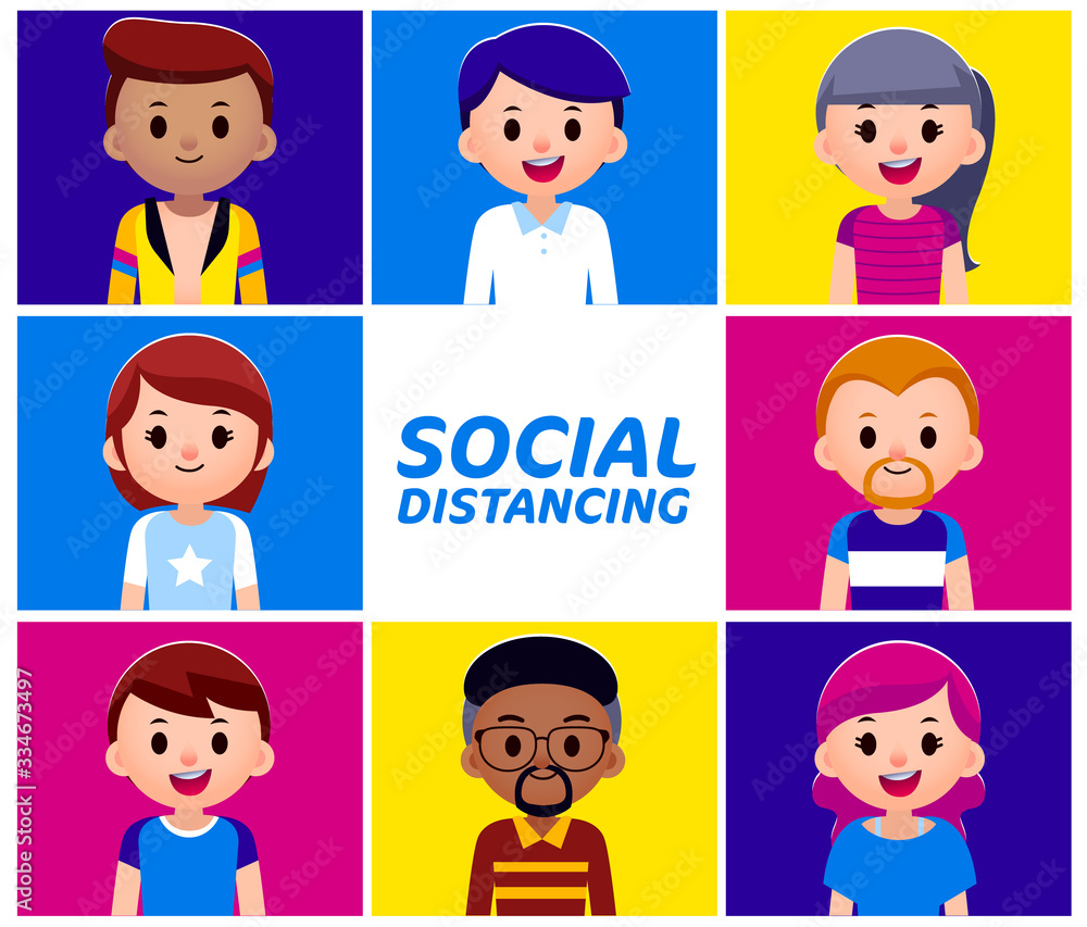 Vector illustration of cute teenager characters man and woman doing social distancing method for infographic Vector illustration of cute teenager characters man and woman doing social distancing method for infographic