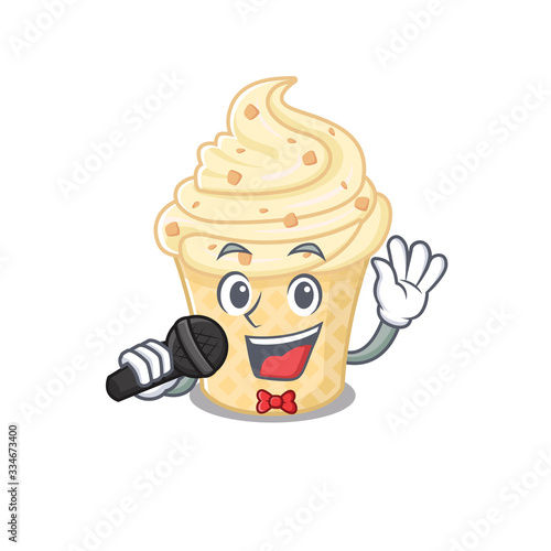 Talented singer of vanilla ice cream cartoon character holding a microphone