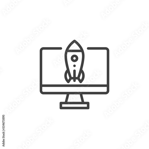 Computer screen with rocket line icon. linear style sign for mobile concept and web design. Computer boost outline vector icon. Symbol, logo illustration. Vector graphics