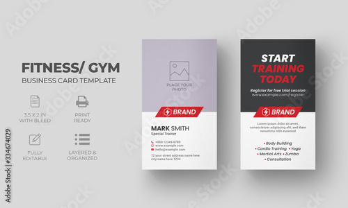 Vertical Gym Business Card Template with fitness, yoga, sports