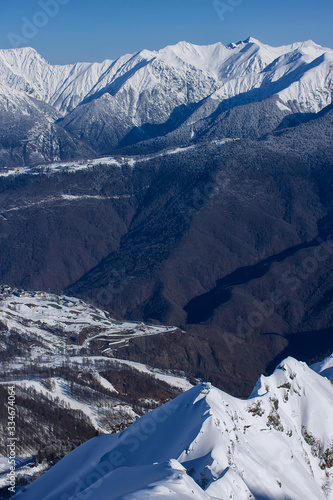 view on Caucasus mountains from the Rosa Peak. Krasnaya Polyana Rosa Khutor alpine ski resort Western Caucasus, Russia