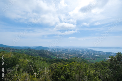 High view of the city and the ocean. Phuket, Thailand. City view. Observation deck for tourists.