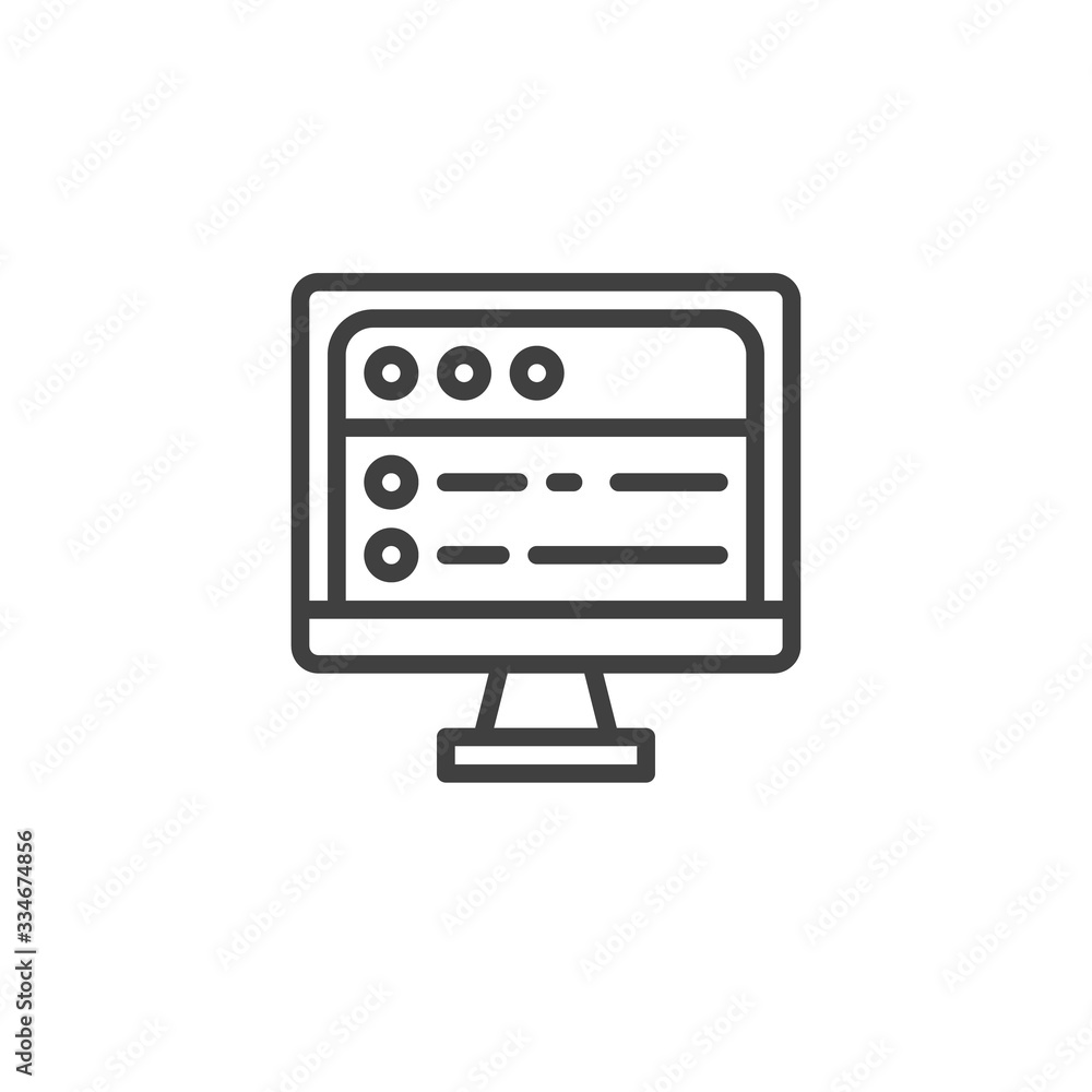 Computer screen with web page line icon. SEO linear style sign for mobile concept and web design. Web development outline vector icon. Symbol, logo illustration. Vector graphics Computer screen with web page line icon. SEO linear style sign for mobile concept and web design. Web development outline vector icon. Symbol, logo illustration. Vector graphics