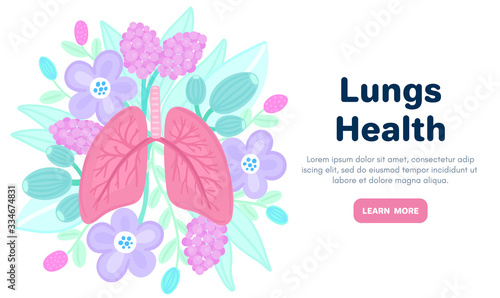 Vector healthy lungs on flowers. Background for label, advertisement of pulmonary medicine, landing or banner for pulmonology clinic, design for website or article about respiratory system health