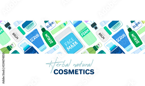 Organic or natural cosmetics. Many jars and bottles with cosmetic names. Facial skin care. Online store. Landing page template. Background is for banner, header, advertising, mailing list. Vector