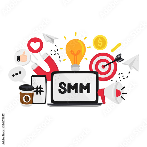 Vector smm elements. Social Media Marketing. Reach and promotion among target audience. Concept is for banner, advertising, mailing list, website, training presentation for marketers, posts, poster