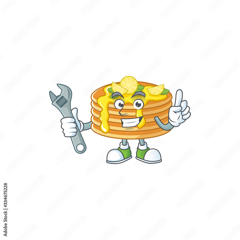 Fototapeta premium A mechanic lemon cream pancake mascot character fix a broken machine