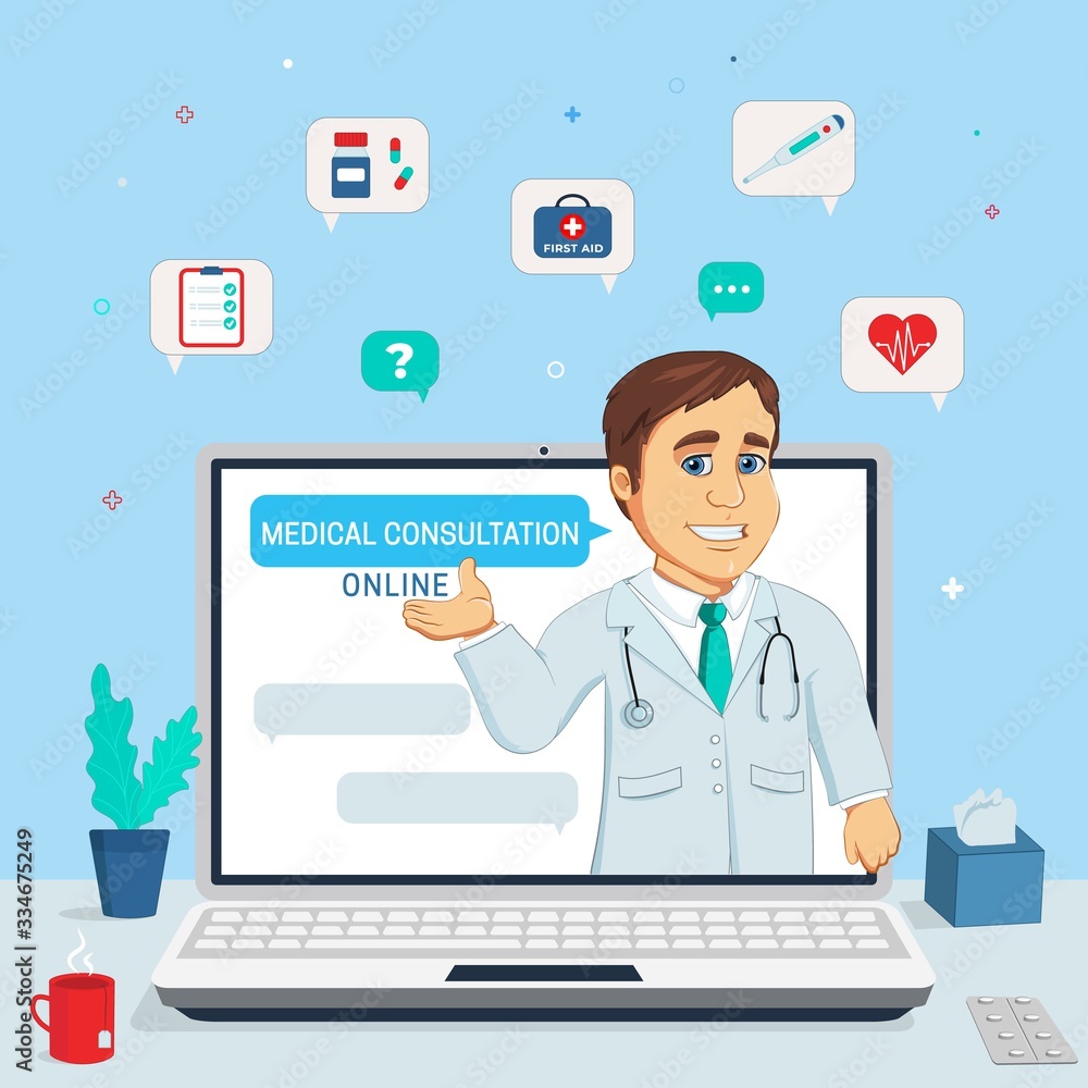 Doctor character with stethoscope on the screen, concept of online diagnostics chat, medical consultation site and app. Notebook, medical icons set background. Vector illustration in flat style. Doctor character with stethoscope on the screen, concept of online diagnostics chat, medical consultation site and app. Notebook, medical icons set background. Vector illustration in flat style.