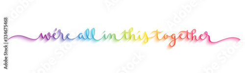 WE'RE ALL IN THIS TOGETHER rainbow vector brush calligraphy banner with swashes