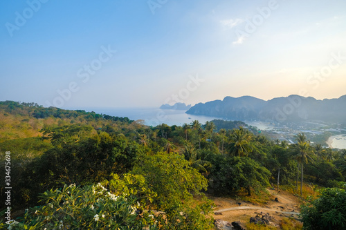 The stunning landscape of the ocean and rainforest. Bird's-eye view of Paradise island.