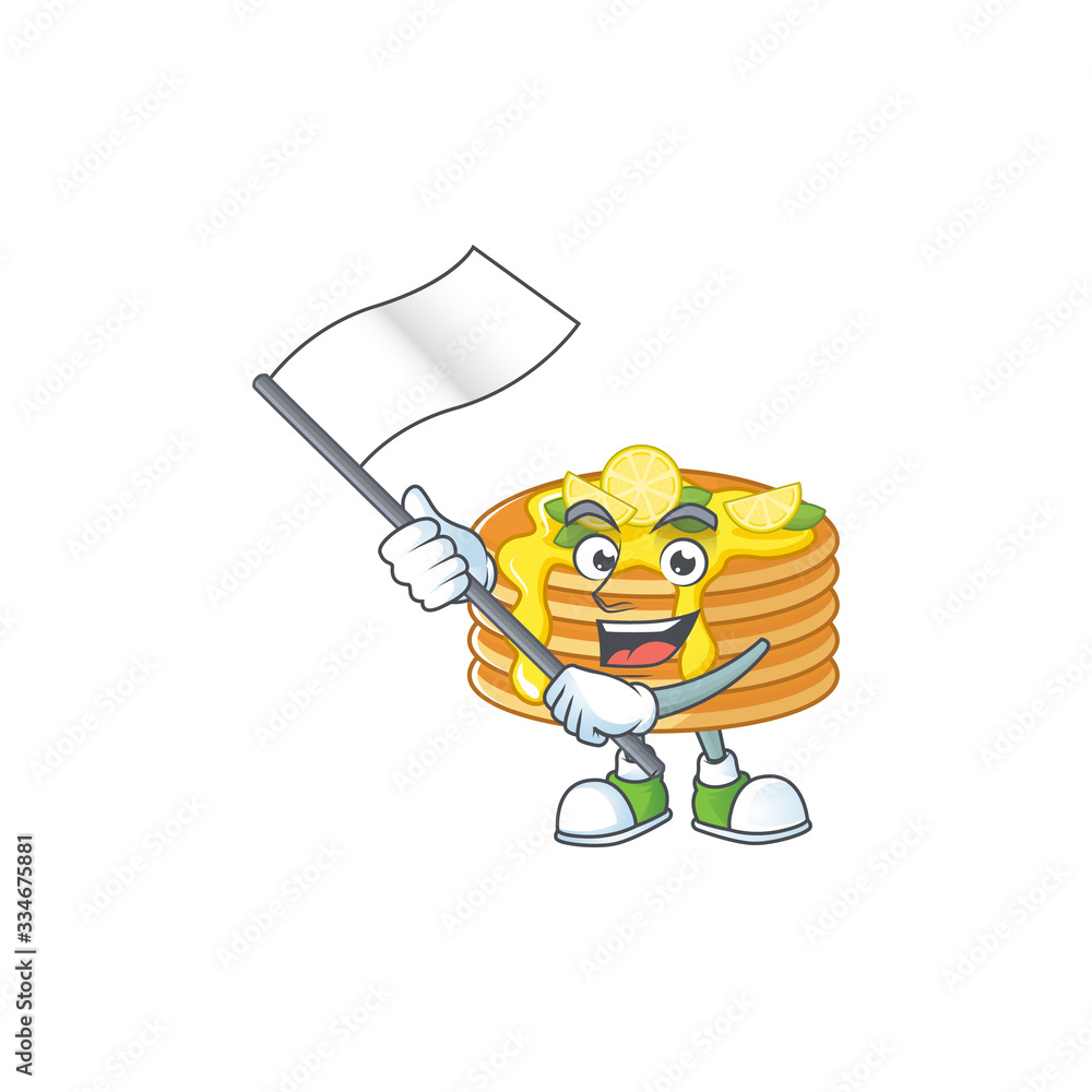 Cute cartoon character of lemon cream pancake holding white flag