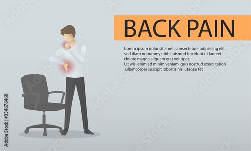 Office man feeling pain back and nape,He suffering from work and stress,Spinal cord muscles, chronic inflammation,The concept of medicine, massage, physiotherapy, health.