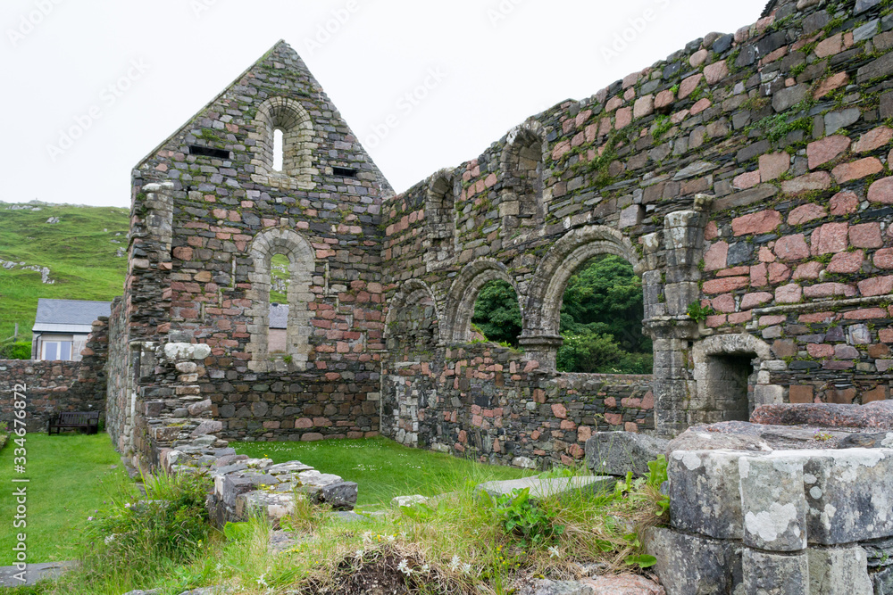 Detail of the old and charming ruins of the  Monastery of the Benedictine nuns, one of the main landmarks and attractions of the little and quiet Iona island in the inner Hebrides in Scotland