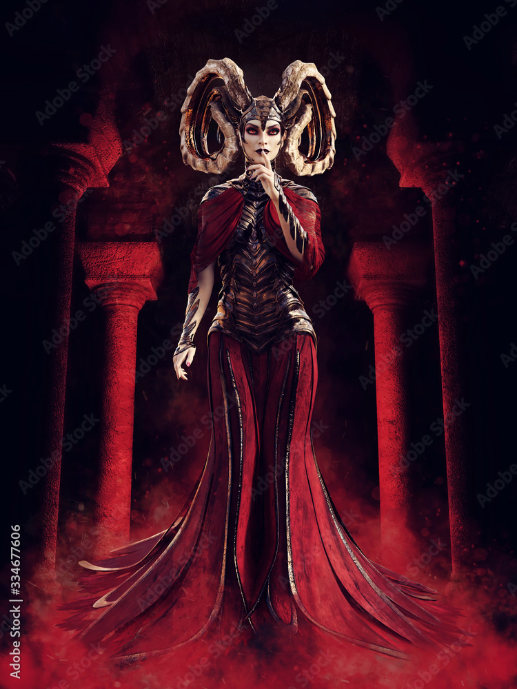 Fantasy sorceress dressed in red standing in a stone temple in red fog ...