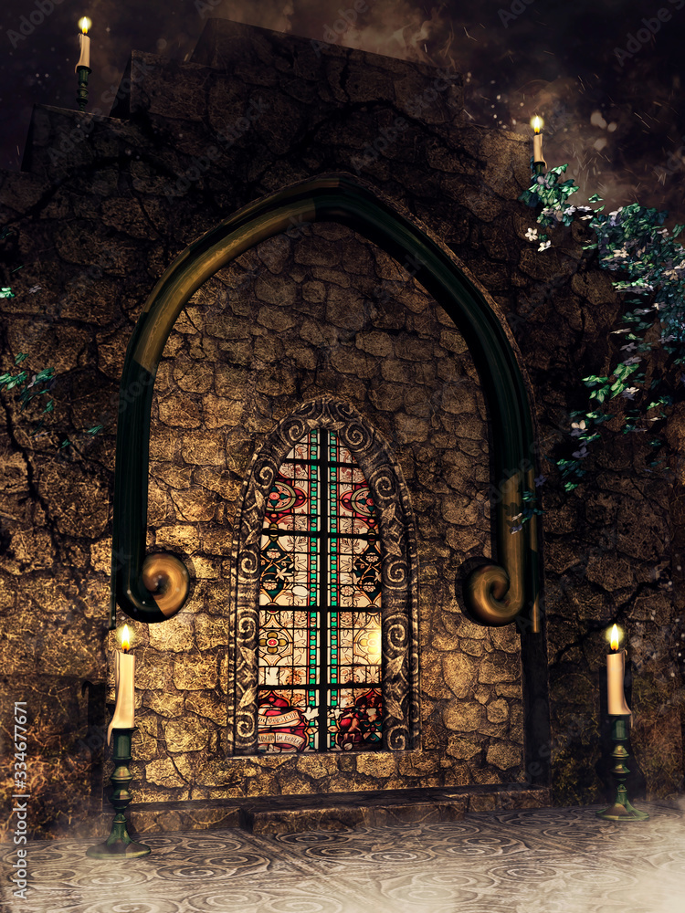 Night scene with a gothic wall, ivy and candles. 3D render.