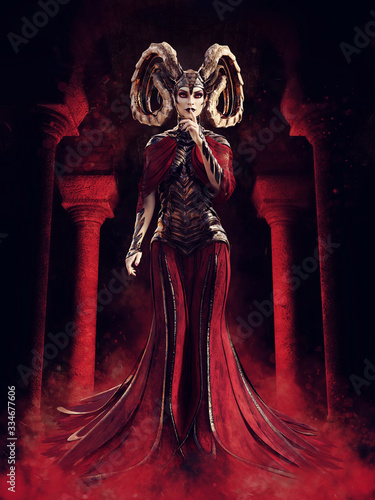 Fotografi Fantasy sorceress dressed in red standing in a stone temple in red fog