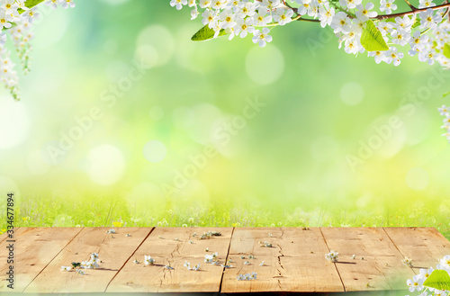 Spring background with wooden table © Lilya