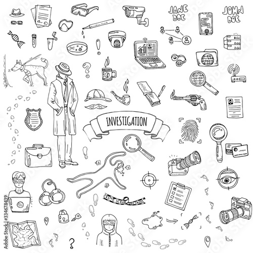 Hand drawn doodle Investigation icons set. Vector illustration. Investigative discovery elements collection. Cartoon detective various sketch symbol: private investigator, dog, magnifier, crime scene