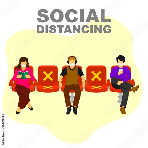 Social distancing or physical distancing, people keeping distance in public facilities reducing contact with each other for prevent virus infection.