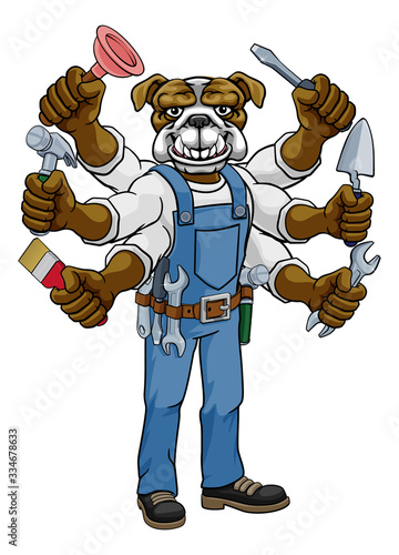 A bulldog animal construction cartoon mascot multitasking handyman or builder maintenance contractor holding lots of tools