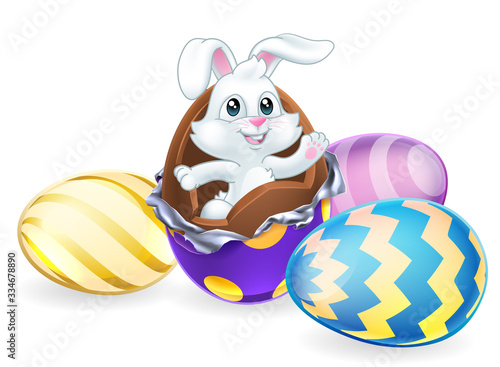 The Easter bunny rabbit breaking out of a chocolate Easter egg surrounded by more eggs
