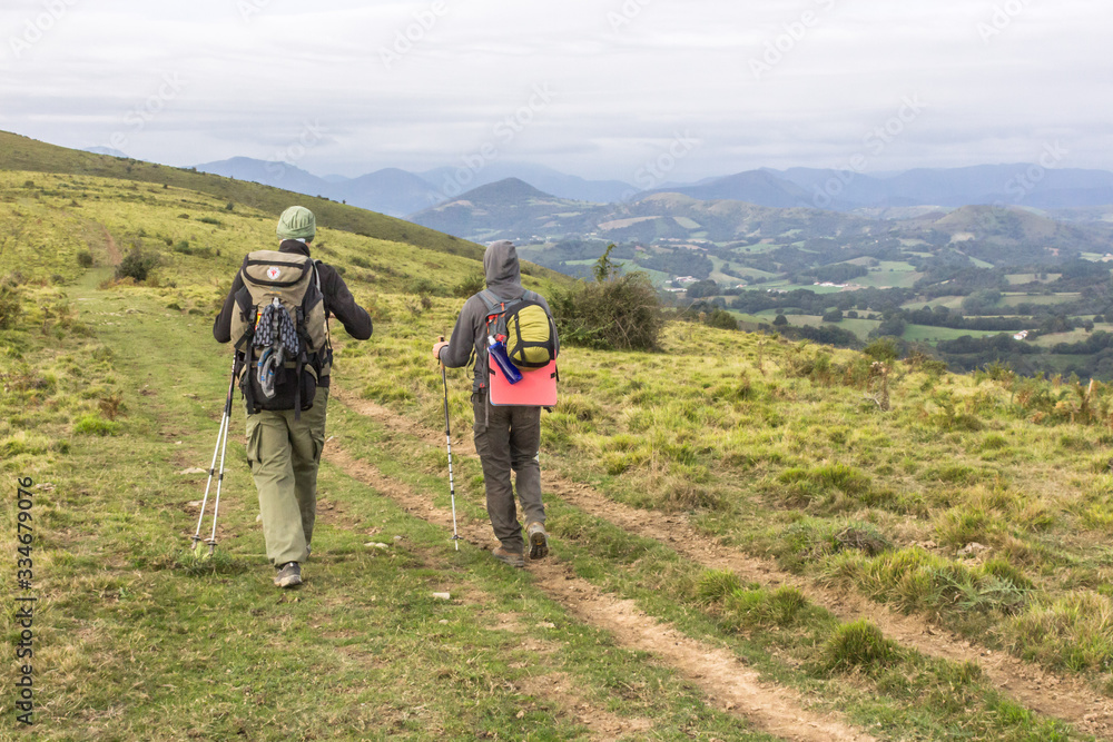 Obraz premium Pilgrim on the way of St. Jacob. Camino de Santiago. Green tourism. Hiking in the mountains of France and Spain. European trail. A tourist route. Go ahead. Cover the distance.