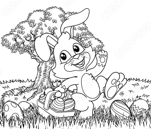 Easter bunny rabbit cartoon character holding a basket full of painted Easter eggs in a field of grass. In black and white outline.
