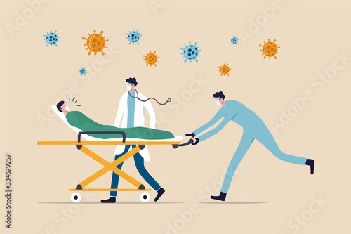Emergency case for Coronavirus critical patient concept, doctor with medical team riding bed with critical Coronavirus COVID-19 pneumonia patient to emergency room with extra treatment, virus pathogen