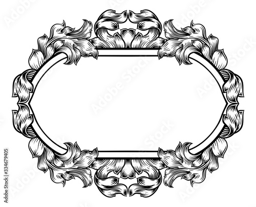 A crest banner border scroll heraldic coat of arms woodcut frame