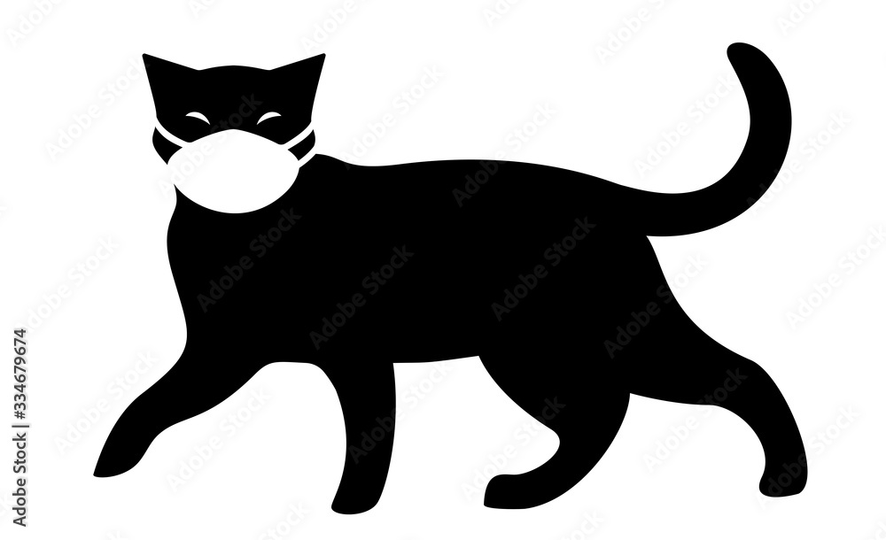 A cat wearing medical face mask for protection from catching a virus, black and white silhouette vector illustration.