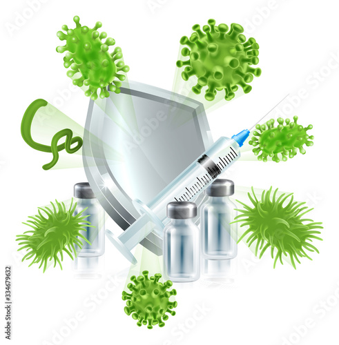 A syringe injection and vial bottle with shield deflecting bacteria or virus cells. Medical concept for immunisation protection from a vaccine, herd immunity or other medicine.